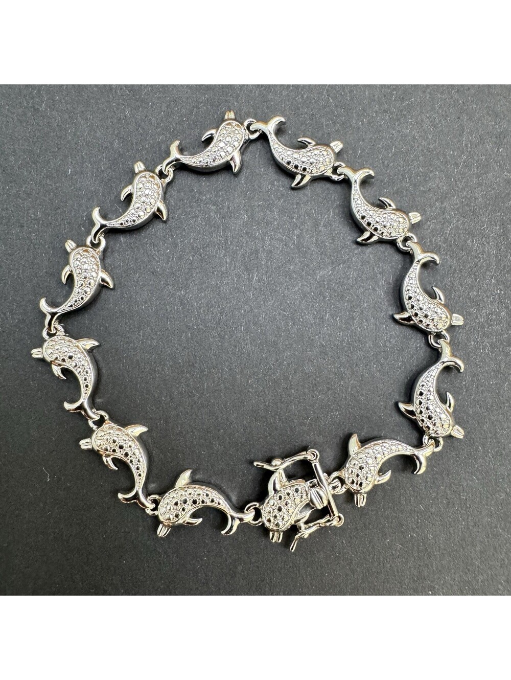 Vintage Silver Plated Dolphin bracelet with Authentic Diamond Accents 7.5 Inch